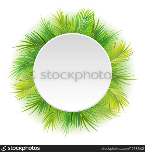 Tropical green leaves with white round frame place for text isolated on white background