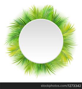 Tropical green leaves with white round frame place for text isolated on white background