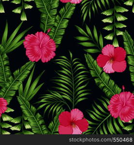 Tropical green palm banana leaves and pink hibiscus flowers seamless vector pattern on the navy blue background. Trendy botanical overlapping background