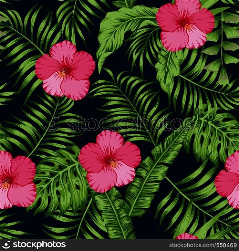 Tropical green palm banana leaves and pink hibiscus flowers seamless vector pattern on the dark blue background. Trendy botanical overlapping background