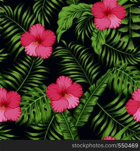 Tropical green palm banana leaves and pink hibiscus flowers seamless vector pattern on the dark blue background. Trendy botanical overlapping background