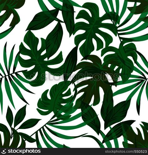 Tropical green palm, monstera leaves seamless vector pattern on the white background