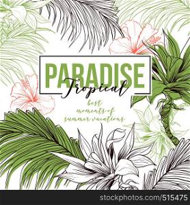 Tropical hand drawn social media banner. Beach party invitation template. Exotic palm leaves ink pen drawing. Floral border. Hibiscus flowers outline sketch. Plant exhibition poster with text space. Tropical vector hand drawn web banner
