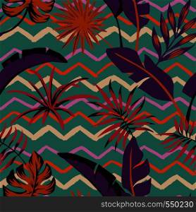 Tropical hand drawn vector leaves abstract color seamless zigzag background. Art pattern tropical botanical composition