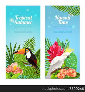 Tropical hawaii islands summer vacation 2 vertical banners set with exotic parrots birds abstract isolated vector illustration. Tropical island birds vertical banners set