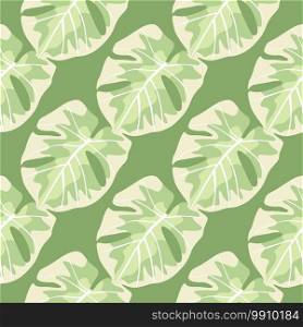 Tropical hawaii monstera leaves print seamless pattern. Light pastel foliage ornament on green background. Perfect for fabric design, textile print, wrapping, cover. Vector illustration.. Tropical hawaii monstera leaves print seamless pattern. Light pastel foliage ornament on green background.