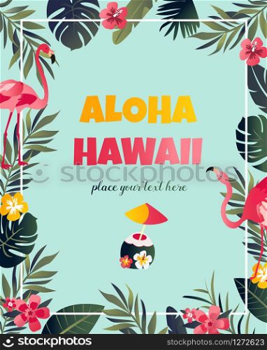 Tropical Hawaiian Poster with flamingo. Party template. Tropical Hawaiian Poster with flamingo.