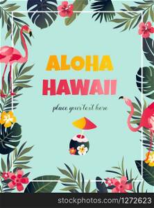 Tropical Hawaiian Poster with flamingo. Party template. Tropical Hawaiian Poster with flamingo.