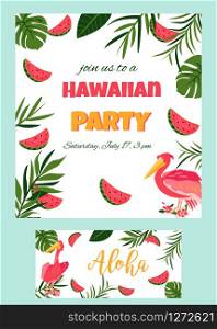 Tropical Hawaiian Poster with pelican. Party template Invitation banner, card.. Tropical Hawaiian Poster with pelican Party template. Invitation, banner, card.