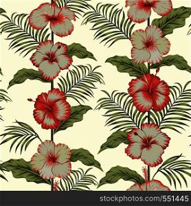 Tropical hibiscus fabric seamless composition trendy pattern on the light yellow background