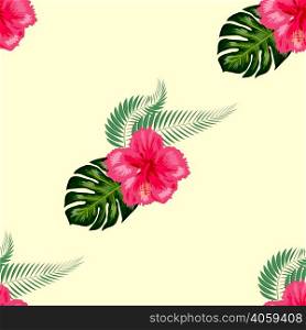 Tropical hibiscus flowers and palm leaves bouquets seamless pattern. Jungle foliage illustration with exotic plants. Summer beach floral surface design.. Tropical hibiscus flowers and palm leaves bouquets seamless pattern