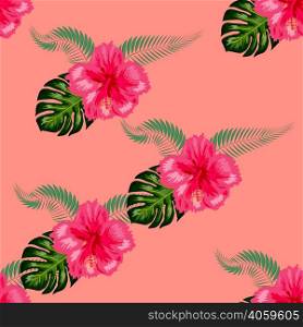 Tropical hibiscus flowers and palm leaves bouquets seamless pattern. Jungle foliage illustration with exotic plants. Summer beach floral surface design.. Tropical hibiscus flowers and palm leaves bouquets seamless pattern