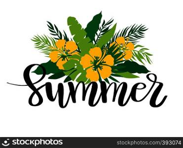 Tropical hibiscus flowers and palm leaves vector illustration on white background with Summer lettering quote. Banner, poster, web and print design. Tropical flowers vector illustration on watercolor imitation background with Big Summer Sale lettering quote. Banner, poster, web and print design