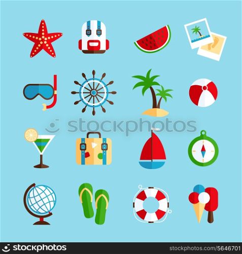 Tropical holiday vacation icons set with watermelon sailboat steering wheel and ice-cream flat isolated vector illustration