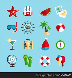 Tropical holiday vacation icons set with watermelon sailboat steering wheel and ice-cream flat isolated vector illustration