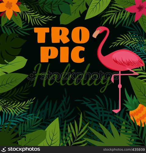 Tropical holiday vector background with exotic flowers and pink flamingo. Illustration of bird exotic flamingo, tropical jungle leaf. Tropical holiday vector background with exotic flowers and pink flamingo