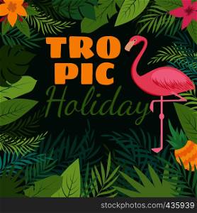 Tropical holiday vector background with exotic flowers and pink flamingo. Illustration of bird exotic flamingo, tropical jungle leaf. Tropical holiday vector background with exotic flowers and pink flamingo
