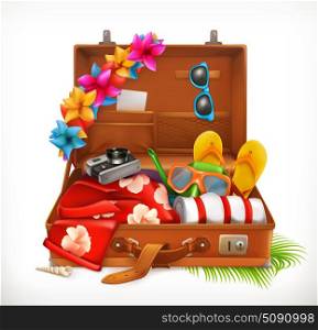 Tropical Holidays. Summer vacation, open suitcase. 3d vector icon