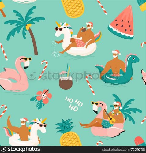 Tropical Hot Christmas. Seamless pattern with cute funny sexy Santa Claus with unicorn dinosaurand, flamingo inflatable ring. Vector illustration. Tropical Hot Christmas. Seamless pattern with cute funny sexy Santa Claus with unicorn dinosaurand, flamingo inflatable ring. Vector illustration.