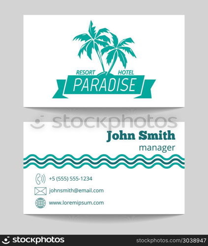 Tropical hotel business card template. Tropical hotel business card template. Touristic agency card. Vector illustration