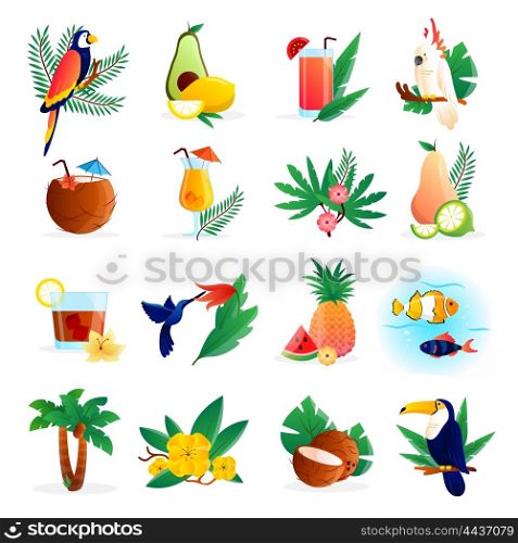 Tropical Icon Set. Tropical icon set with cocktails flowers fruits and birds vector illustration