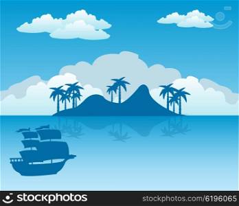 Tropical island and sailing nave. Sailing ship beside coast of the tropical island