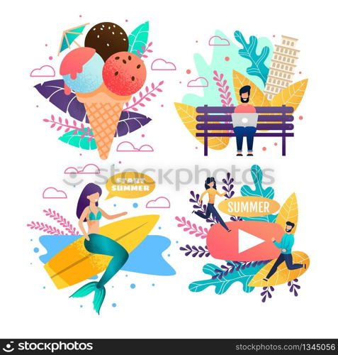 Tropical Island and World Voyage Vacation Set. Ads with Ice Cream. Presentation for Summer Video. Mermaid Opens Surfing Season. Man Shares Impressing via Social Network on Laptop. Vector Illustration. Vacation on Tropical Island and World Voyage Set