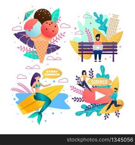 Tropical Island and World Voyage Vacation Set. Ads with Ice Cream. Presentation for Summer Video. Mermaid Opens Surfing Season. Man Shares Impressing via Social Network on Laptop. Vector Illustration. Vacation on Tropical Island and World Voyage Set