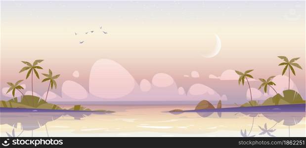 Tropical island at early morning, calm sea and palm trees under pink cloudy sky with waxing crescent, ocean water surface and birds in dawn heaven. Beautiful nature landscape Cartoon vector background. Tropical island at early morning, sea and palms