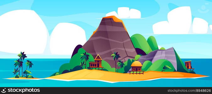 Tropical island background. Sea beach landscape with sand mountain palm trees, coastline panorama cartoon style, summer vacation concept. Vector illustration. Idyllic coastline with huts in nature. Tropical island background. Sea beach landscape with sand mountain palm trees, coastline panorama cartoon style, summer vacation concept. Vector illustration