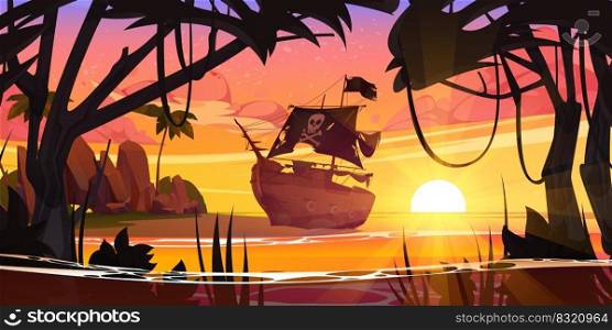 Tropical island beach with old pirate ship after shipwreck, palm trees, jungle and sun on horizon. Ocean sand shore landscape with broken wooden corsair boat at sunset, vector cartoon illustration. Sea beach with broken pirate ship at sunset
