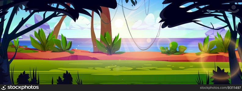 Tropical island coastline with lianas on exotic trees. Vector cartoon illustration of rainforest with green plants, seascape with rocks, birds flying in blue sky towards bright sun shining on horizon. Tropical island coastline with exotic trees