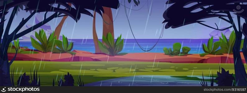 Tropical island coastline with lianas on exotic trees. Vector cartoon illustration of rainforest with green plants, seascape with rocks, blue sky with falling drops, rainy weather, tropic storm. Tropical coastline with exotic trees, rainy day