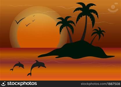 Tropical island horizon at night. Vector illustration.
