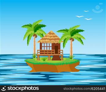 Tropical island in ocean and bungalow with palm. Island in ocean