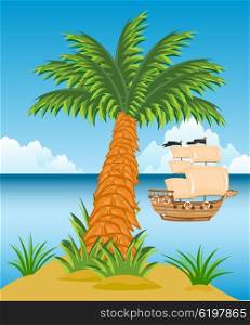Tropical island in the middle ocean and sailing nave. Tropical island with palm trees