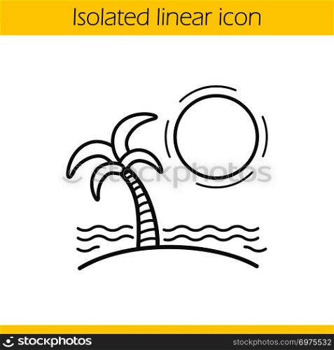 Tropical island linear icon. Thin line illustration. Seashore with with sun, waves and palm tree. Seashore vacation contour symbol. Vector isolated outline drawing. Tropical island linear icon