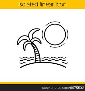 Tropical island linear icon. Thin line illustration. Seashore with with sun, waves and palm tree. Seashore vacation contour symbol. Vector isolated outline drawing. Tropical island linear icon