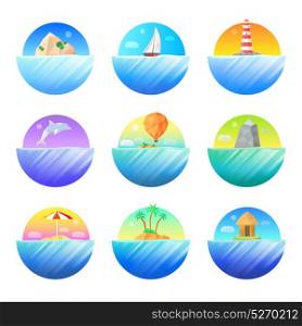 Tropical Island Round Colorful Icons Set . Tropical island symbols round icons set with beautiful gradient color water and palms sailboat lighthouse dolphin vector illustration