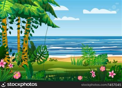 Tropical island sea ocean exotic jungle, palm trees flora, flowers, beach, surf. landscape. Tropical island sea ocean exotic jungle, palm trees flora, flowers, beach, surf, landscape. Vector, isolated cartoon style banner background for game apps