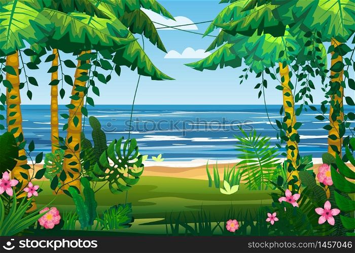 Tropical island sea ocean exotic jungle, palm trees flora, flowers, beach, surf. landscape. Tropical island sea ocean exotic jungle, palm trees flora, flowers, beach, surf, landscape. Vector, isolated cartoon style banner background for game apps