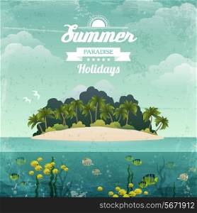 Tropical island summer paradise holiday vintage poster vector illustration
