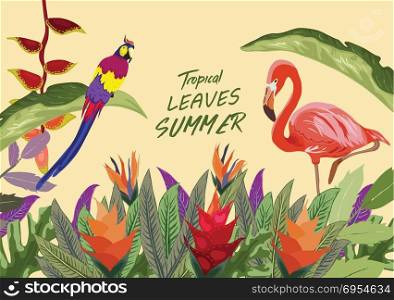Tropical island. Tropical jungle rainforest plants flowers birds, flamingo , toucan border background