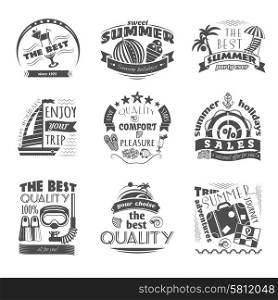 Tropical island vacation journey travel agency black labels set for best summer holiday abstract isolated vector illustration. Summer holiday vacation labels set black
