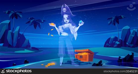 Tropical island with ghost of girl pirate and treasure chest full of gold coins. Vector cartoon night sea landscape with sand beach, palm trees, wooden box with money and spirit of dead woman captain. Ghost of girl pirate and treasure chest on island