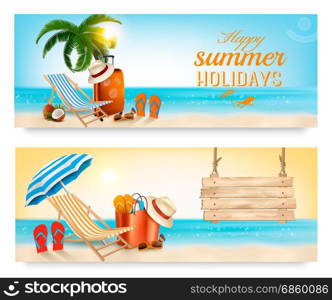 Tropical island with palms, a beach chair and a ocean. Vacation vector banners.