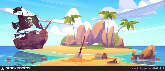 Tropical island with treasure chest and broken pirate ship. Vector cartoon sea landscape with sail boat after shipwreck with skull on black sails, palm trees and gold coins on uninhabited island. Broken pirate ship and treasure chest on island