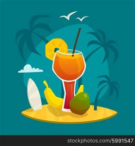 Tropical Juice Concept. Design concept with glass of fresh juice and tropical fruits on table with palm trees background vector illustration