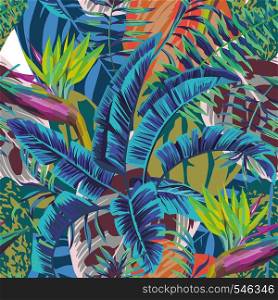 Tropical jungle abstract color bird of baradise banana leaves begonia seamless background. Vector pattern wallpaper