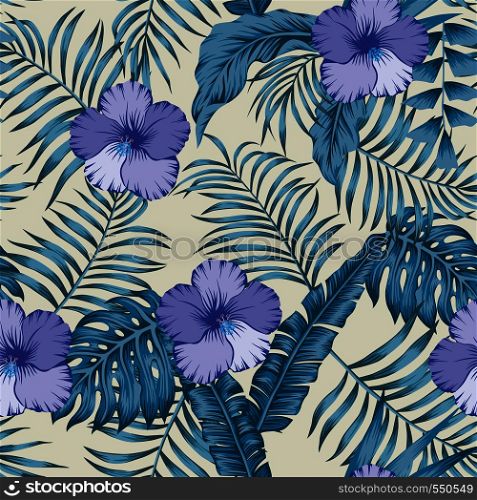 Tropical jungle blue tint with palm, banana leaves and hibiscus flowers seamless vector botanical pattern on the beige background